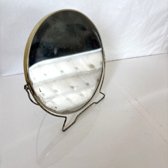 Vintage Brass Vanity Mirror 2 Sided Folding Stand MCM 8” Round Silvering - Picture 1 of 11
